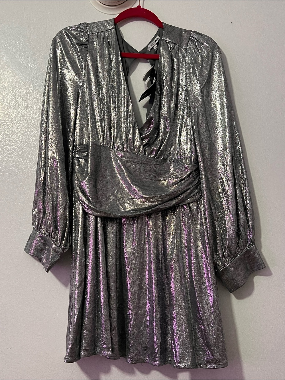 Metallic Silver Wrap Waist Party Dress